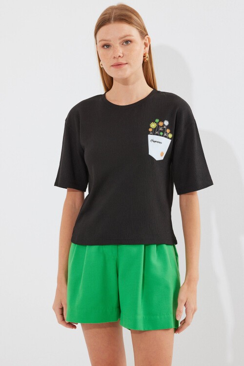 Merterium 912 Baskılı Örme Basic Tişört - Siyah