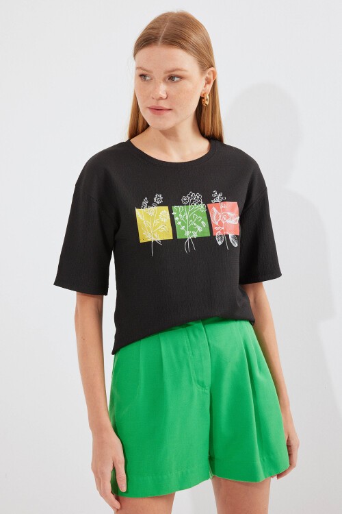 Merterium 913 Baskılı Örme Basic Tişört - Siyah