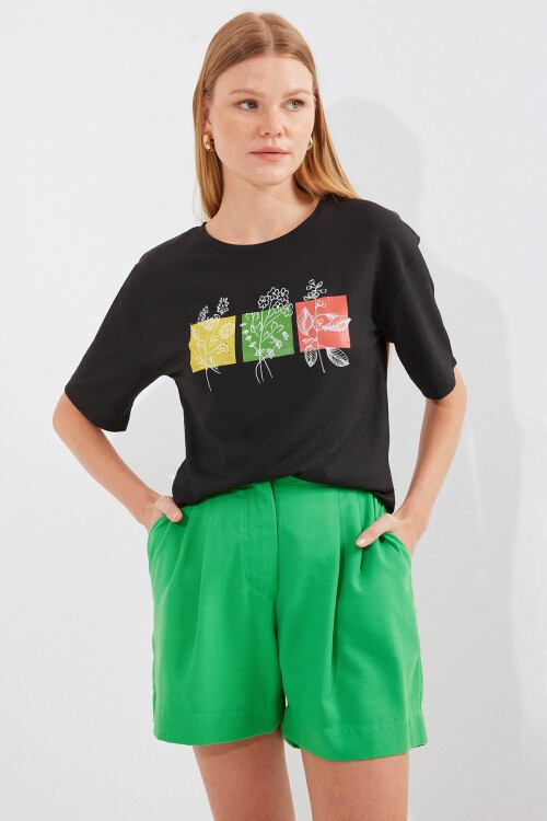 Merterium 913 Baskılı Örme Basic Tişört - Siyah