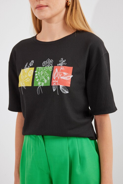 Merterium 913 Baskılı Örme Basic Tişört - Siyah