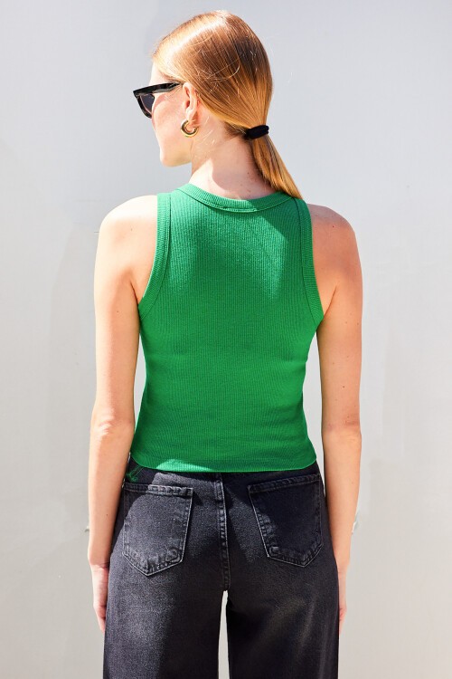 Merterium 917 Bisiklet Yaka Fitilli Kolsuz Bluz - Yeşil