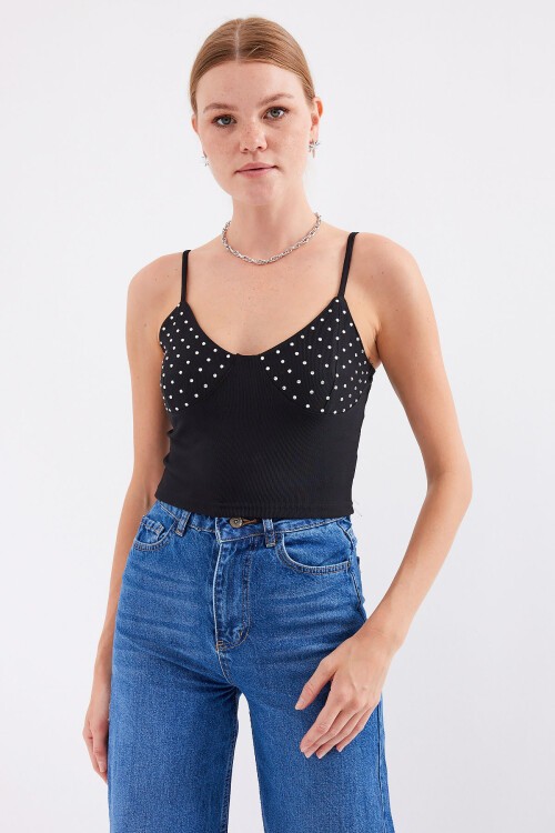 Merterium 918 İp Askılı Crop Top - Siyah