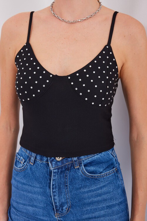 Merterium 918 İp Askılı Crop Top - Siyah