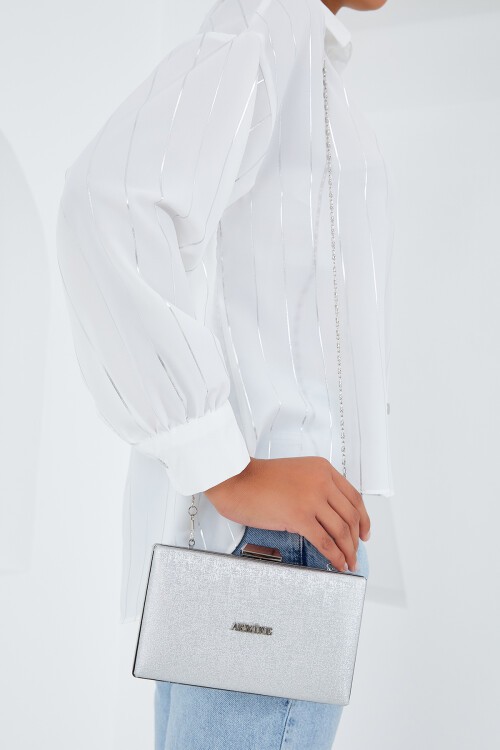 Merterium Armine Kadın Parlak Gümüş Abiye Clutch Çanta 010155
