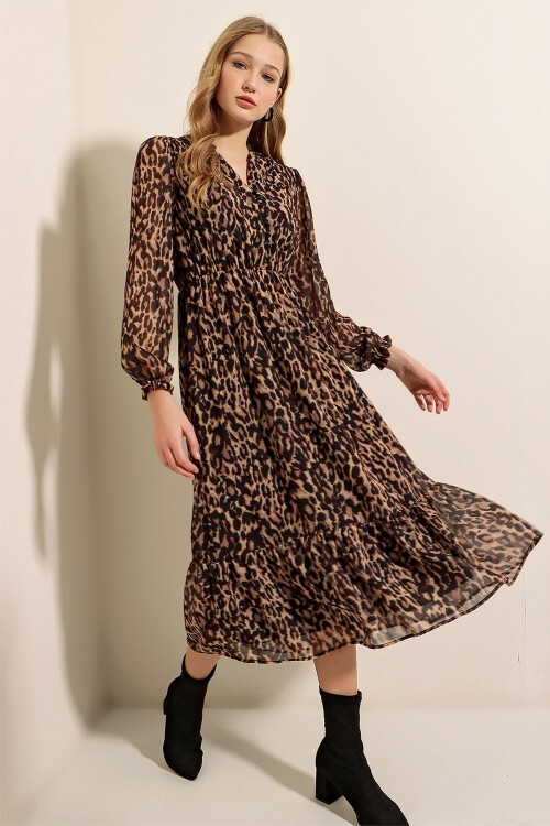 Merterium Bigdart 2137 Desenli Şifon Elbise - C. Kahverengi