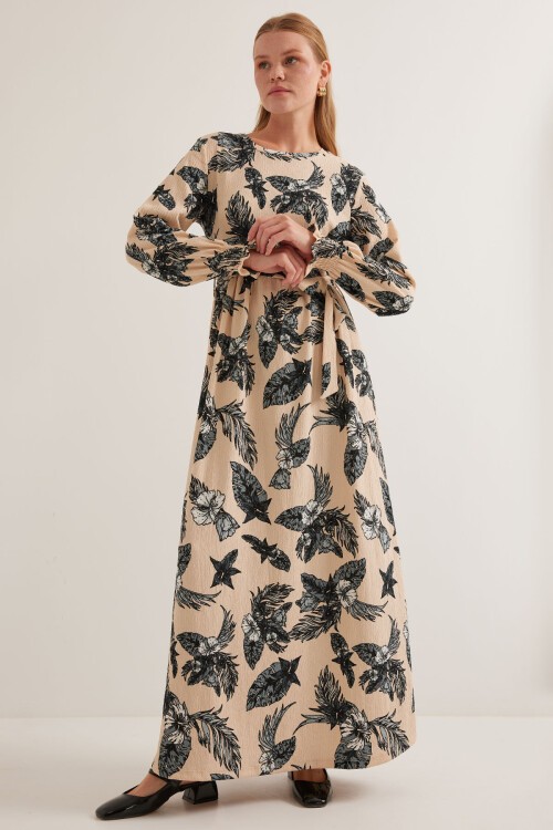 Merterium Kadın Antrasit Krem Desenli Örme Tesettür Elbise 1525