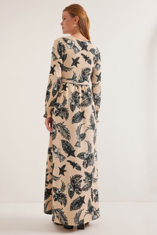 Merterium Kadın Antrasit Krem Desenli Örme Tesettür Elbise 1525