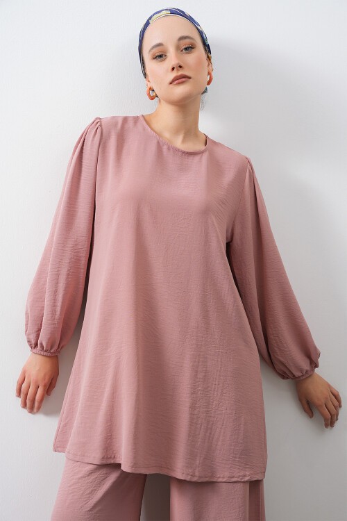 Merterium Kadın Ayrobin Tunik Pantolon Alt Üst Takım - Pudra