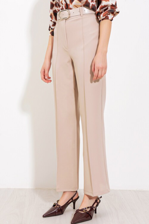 Merterium Kadın Bej Yüksek Bel Kumaş Pantolon 6584