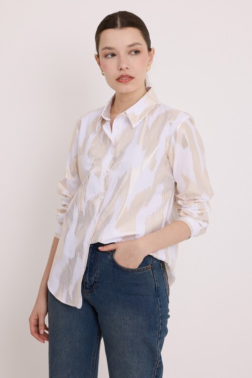 Merterium Kadın Beyaz Gold Varak Desenli Gömlek 20253