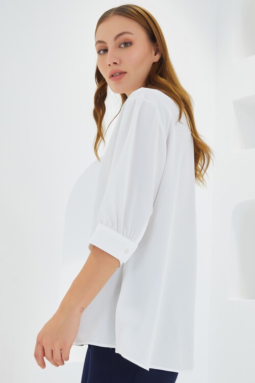 Merterium Kadın Beyaz Gömlek Yaka Saten Bluz 0493
