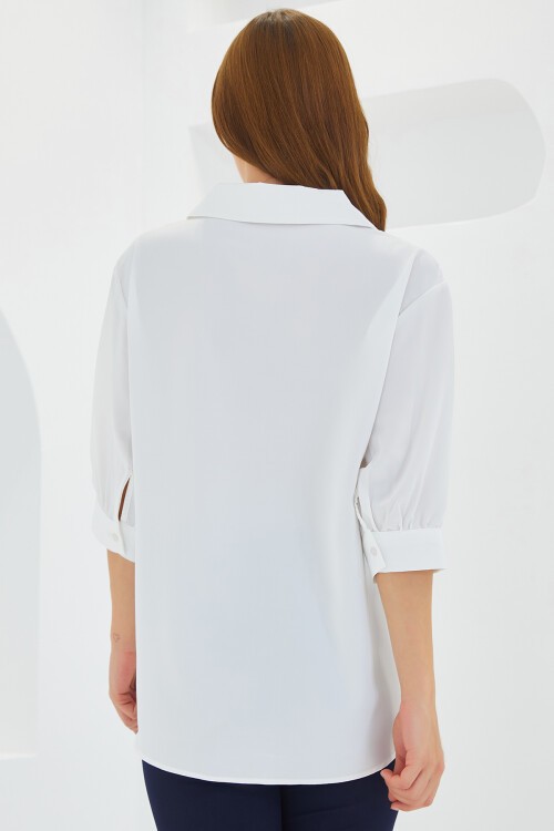 Merterium Kadın Beyaz Gömlek Yaka Saten Bluz 0493