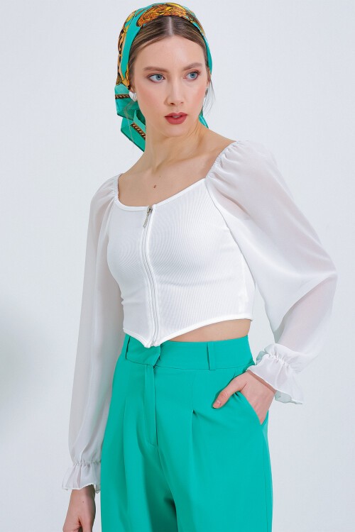 Merterium Kadın Beyaz Şifon Önü Fermuarlı Bluz 0496