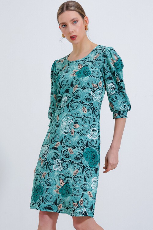 Merterium Kadın Çağla Gül Desenli Midi Elbise 2477