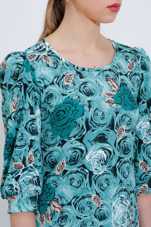 Merterium Kadın Çağla Gül Desenli Midi Elbise 2477