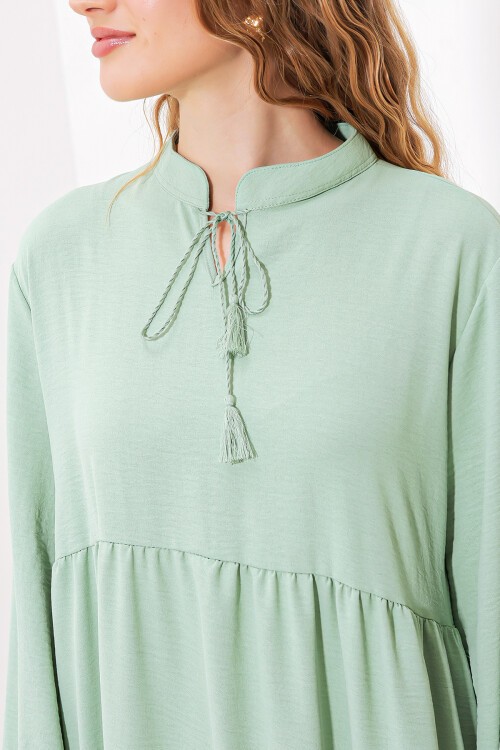 Merterium Kadın Çağla Yaka Bağcıklı Viskon Boydan Tesettür Elbise 1627