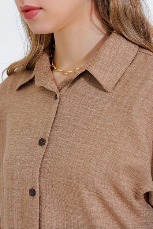 Merterium Kadın Camel Oversize Keten Alt Üst Takım 6622