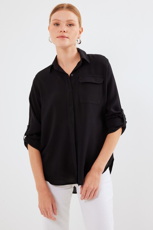 Merterium Kadın Cep Detaylı Gömlek 20234 - Siyah