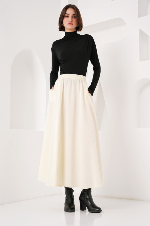 Merterium Kadın Cep Detaylı Uzun Etek 8024 - Krem