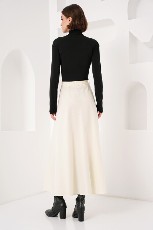 Merterium Kadın Cep Detaylı Uzun Etek 8024 - Krem