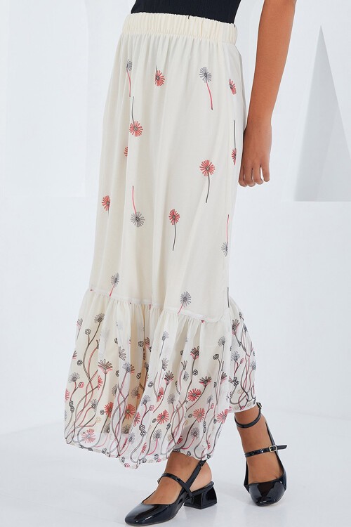Merterium Kadın Ekru Desenli Şifon Etek 8010