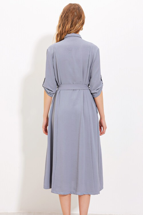 Merterium Kadın Gri Kuşaklı Gömlek Elbise 2442