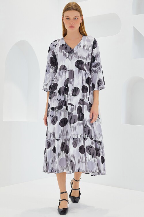 Merterium Kadın Gri Siyah Desenli Kısa Kol Viskon Elbise 1959