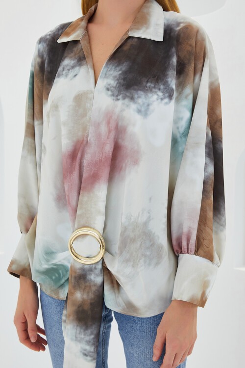 Merterium Kadın Hardal Ekru Oversize Dökümlü Saten Gömlek 907