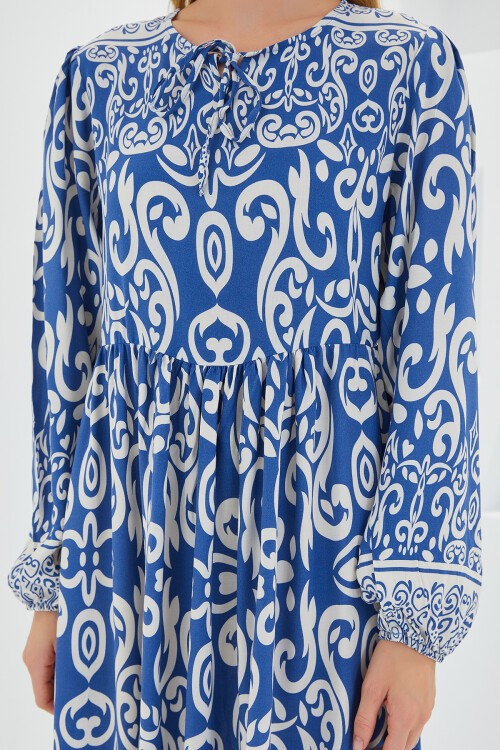 Merterium Kadın İndigo Ekru Desenli Uzun Viskon Elbise 1947