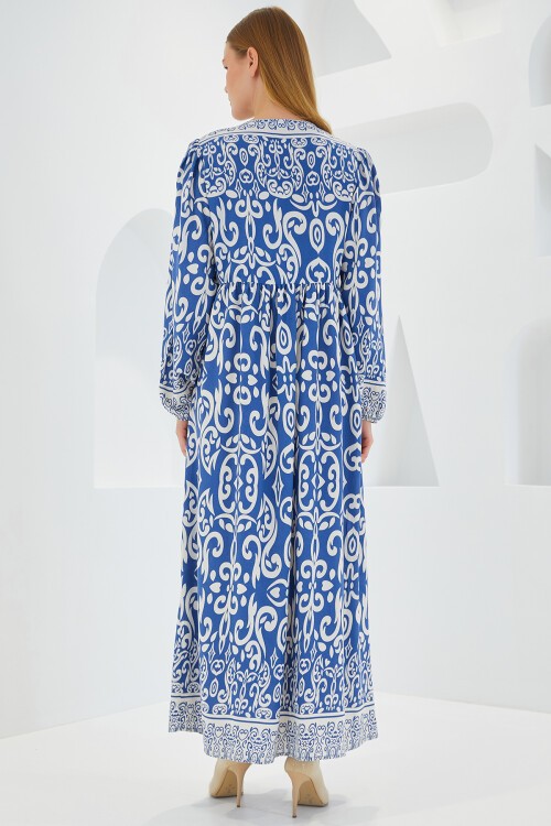 Merterium Kadın İndigo Ekru Desenli Uzun Viskon Elbise 1947