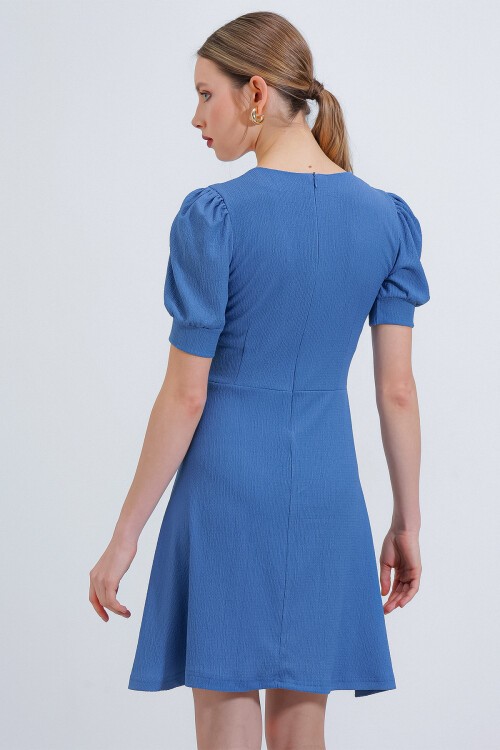 Merterium Kadın İndigo Kare Yaka Örme Mini Elbise