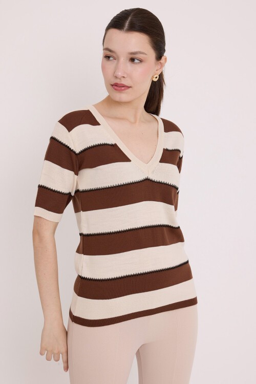 Merterium Kadın Kahve Krem Çizgili Kısa Kol Bluz 15869
