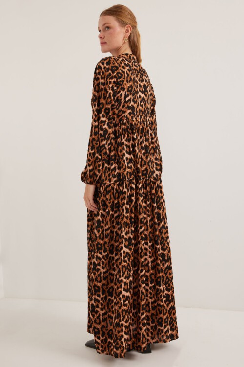 Merterium Kadın Kahverengi Bej Viskon Tesettür Elbise 2423