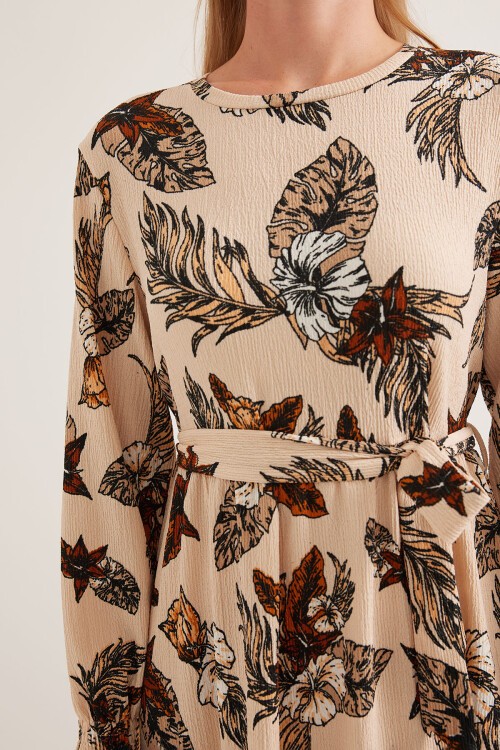 Merterium Kadın Kahverengi Krem Desenli Örme Tesettür Elbise 1525