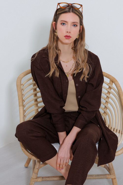 Merterium Kadın Kahverengi Oversize Keten Alt Üst Takım 6622