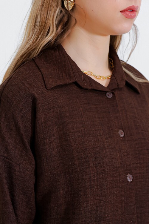 Merterium Kadın Kahverengi Oversize Keten Alt Üst Takım 6622