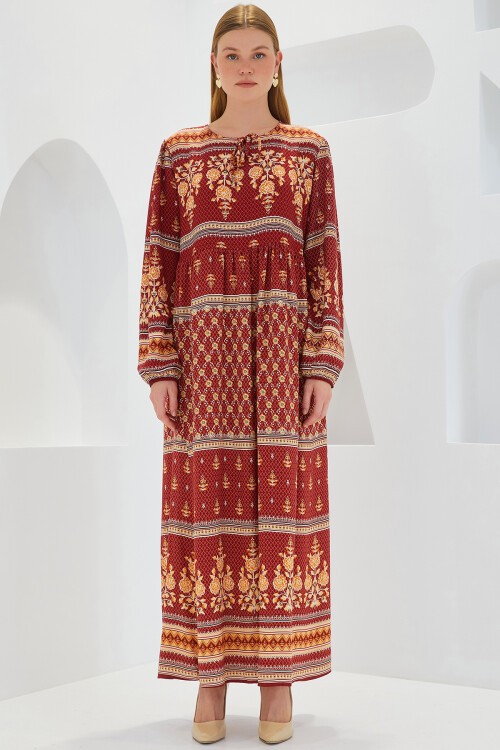 Merterium Kadın Kiremit Bej Desenli Uzun Viskon Elbise 1947