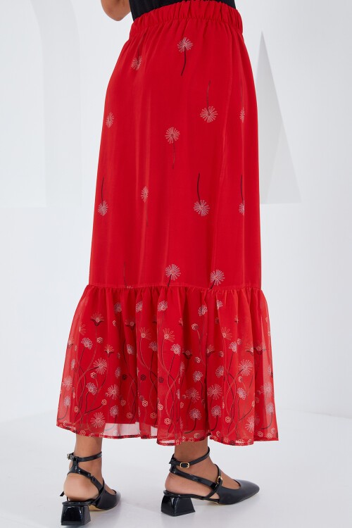 Merterium Kadın Kırmızı Desenli Şifon Etek 8010