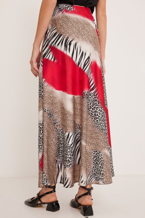 Merterium Kadın Kırmızı Siyah Desenli Saten Etek 15877