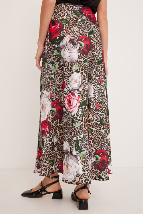 Merterium Kadın Kırmızı Siyah Desenli Saten Etek 15877