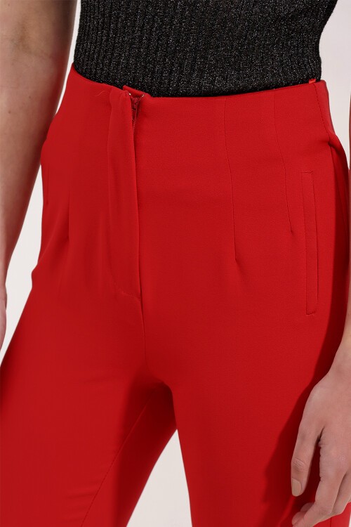 Merterium Kadın Kırmızı Yüksek Bel Kumaş Pantolon 6650