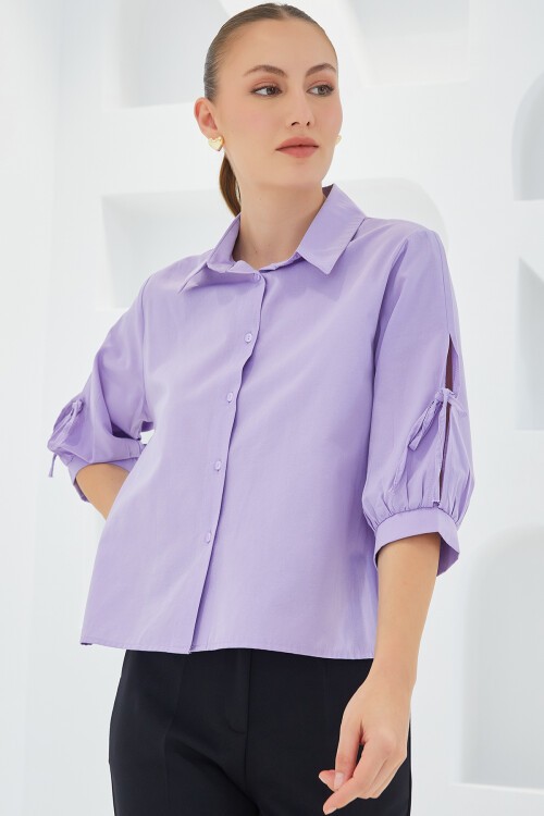 Merterium Kadın Kol Detaylı Lila Crop Gömlek 20246