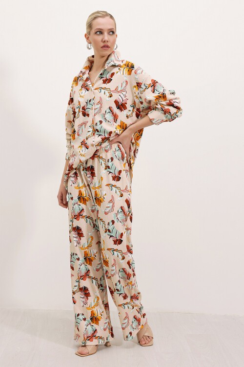 Merterium Kadın Krem Desenli Örme İkili Takım 5858