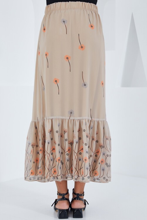 Merterium Kadın Krem Desenli Şifon Etek 8010