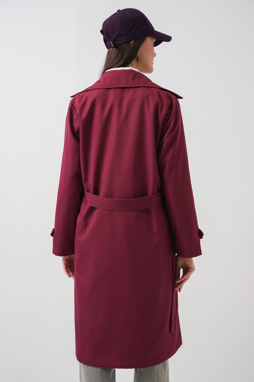 Merterium Kadın Kruvaze Yaka Kuşaklı Trençkot - Bordo
