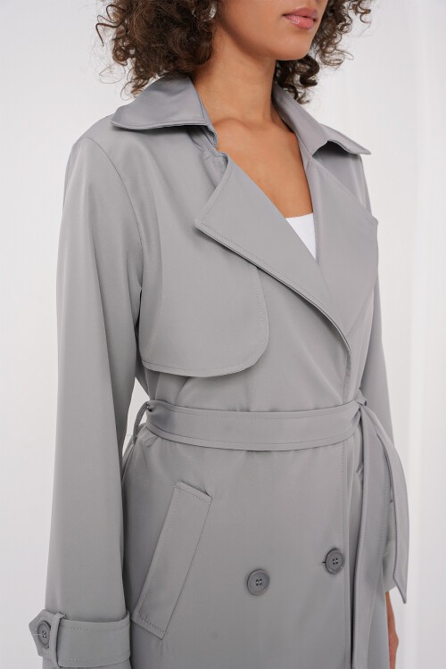 Merterium Kadın Kruvaze Yaka Kuşaklı Trençkot - Gri