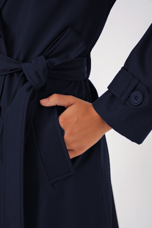 Merterium Kadın Kruvaze Yaka Kuşaklı Trençkot - Lacivert