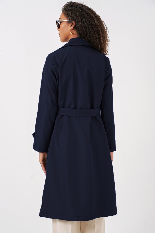 Merterium Kadın Kruvaze Yaka Kuşaklı Trençkot - Lacivert