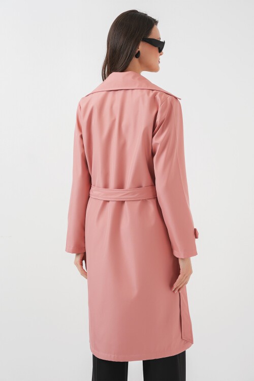 Merterium Kadın Kruvaze Yaka Kuşaklı Trençkot - Pembe