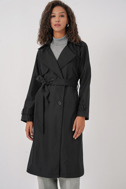 Merterium Kadın Kruvaze Yaka Kuşaklı Trençkot - Siyah